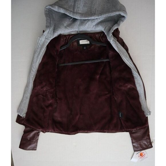 Jou Jou 103-1192ME Juniors Sz S Walnut Brown Faux-Leather Hooded Moto Jacket - Picture 7 of 9